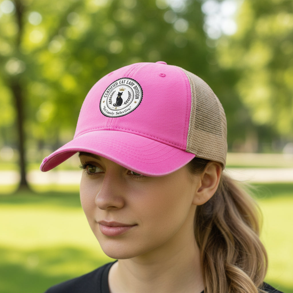 Rose pink ponytail cap with mesh back and round logo patch