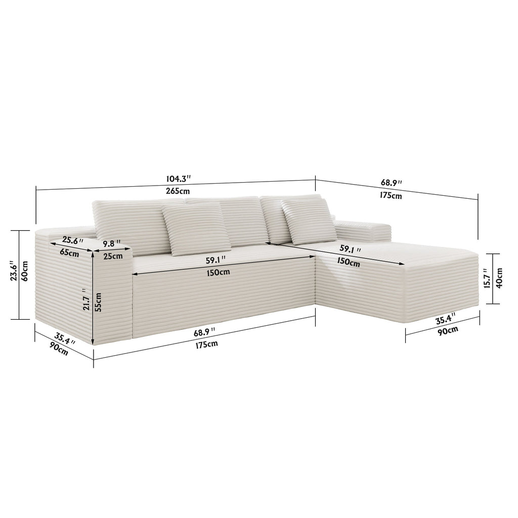 White modular sectional sofa seat with dimensions diagram, corner chaise and back pillows