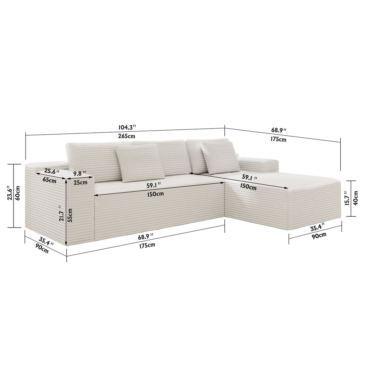 White modular sectional sofa seat with dimensions diagram, corner chaise and back pillows