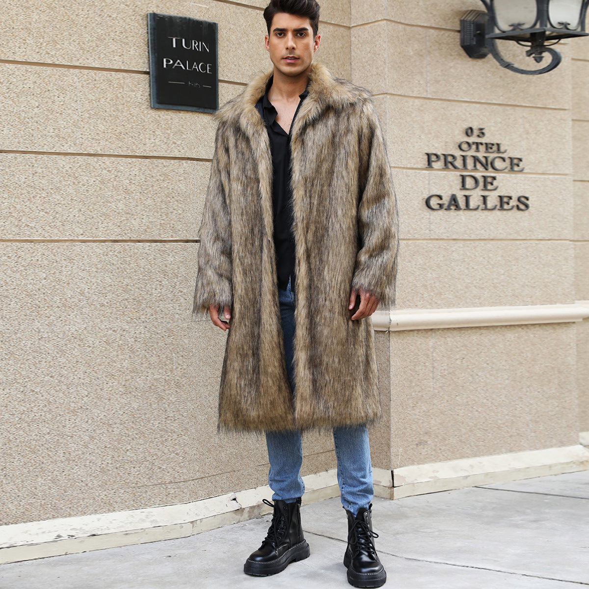 Mens long faux fur coat, gray and brown faux fur with open front