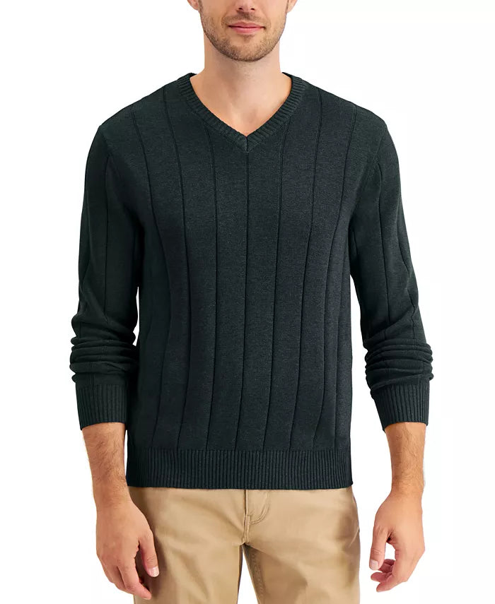 Men's dark green V-neck cotton sweater, long sleeves, ribbed cuffs and hem