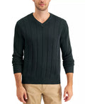 Men's dark green V-neck cotton sweater, long sleeves, ribbed cuffs and hem