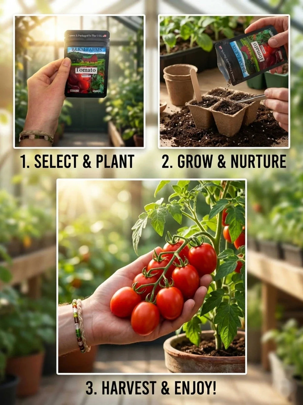 Vegetable heirloom seed packets in hand, with planting soil and seed tray