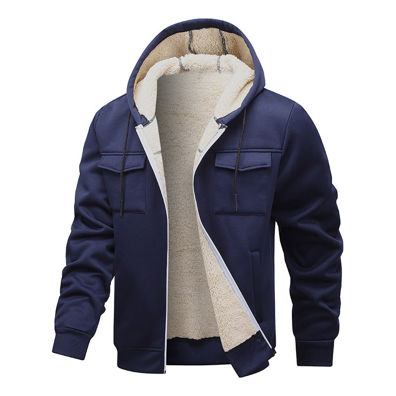 Navy zip-up winter coat with tan sherpa-lined hood and flap chest pockets