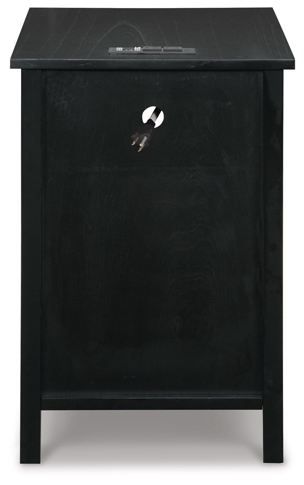 Black chair side end table with hinged cabinet door and round metal knob