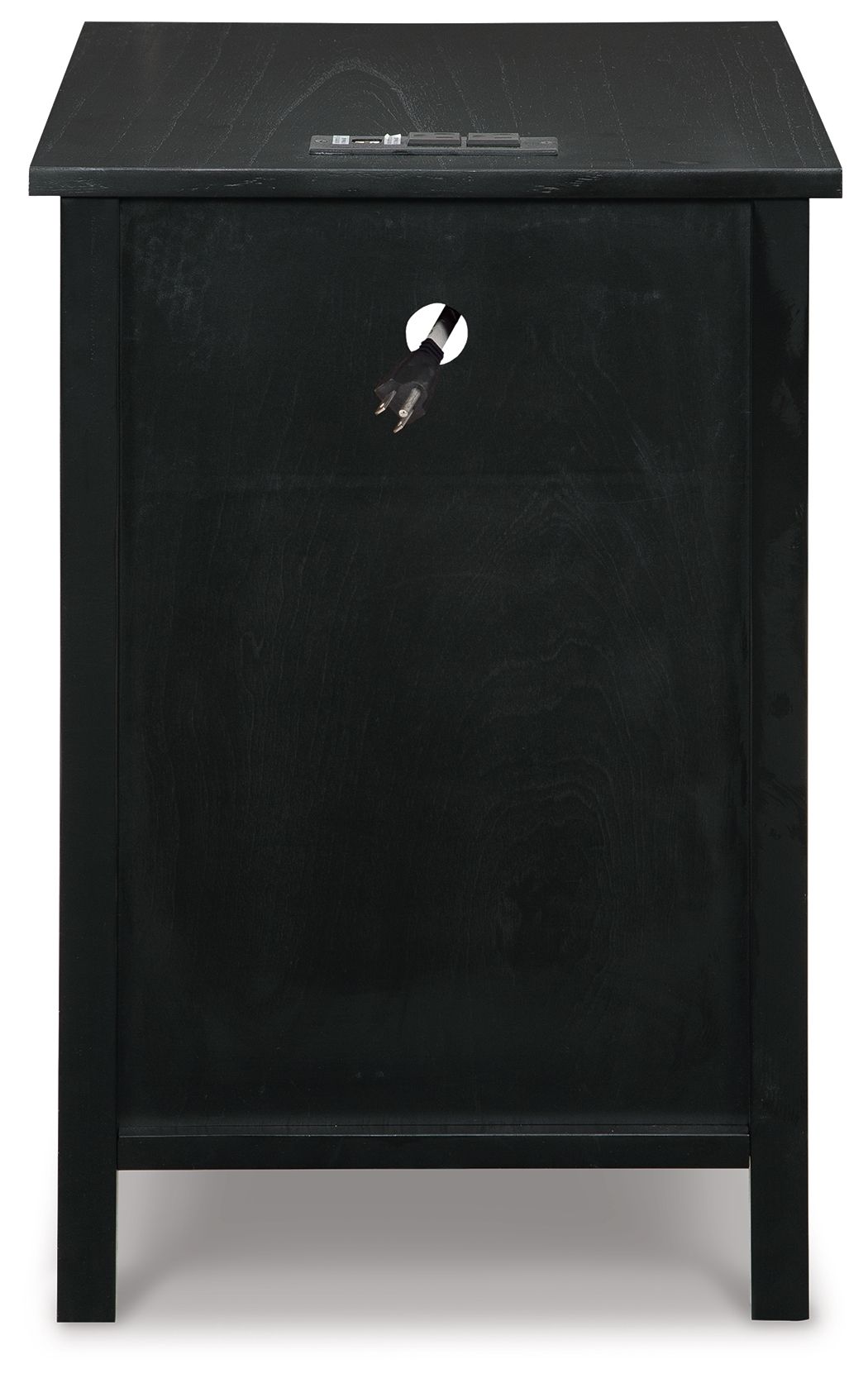 Black chair side end table with hinged cabinet door and round metal knob