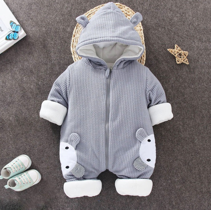 Gray baby winter snowsuit romper with bunny-ear hood and bear-face pocket prints