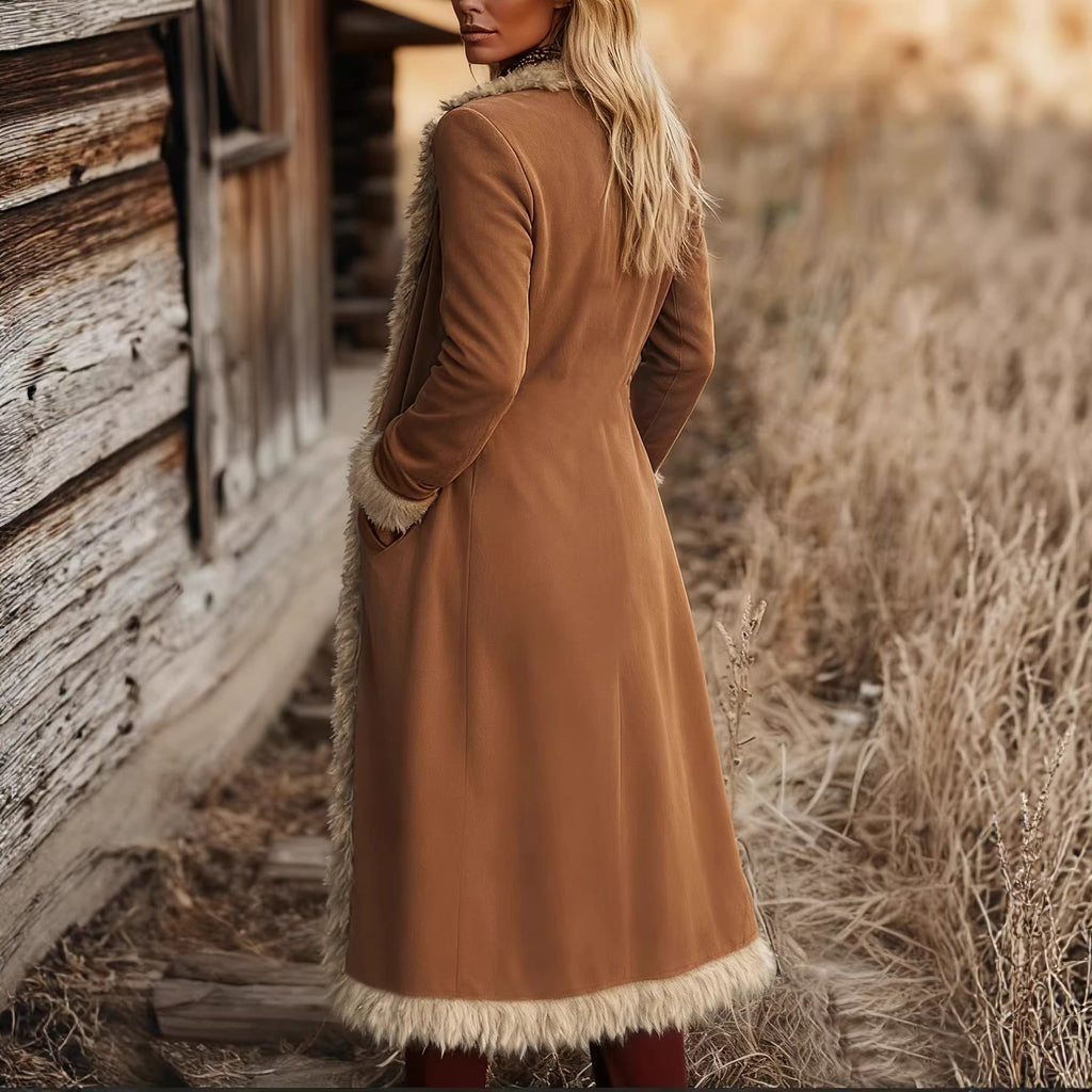 Women’s long brown coat with cream faux-fur hem and side view