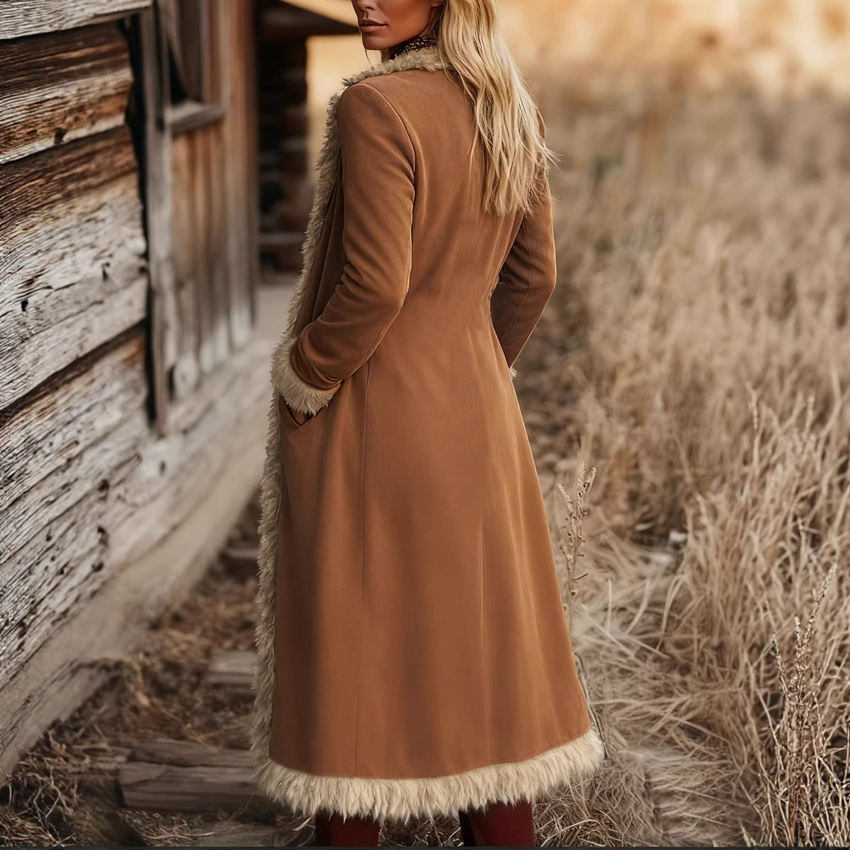 Women’s long brown coat with cream faux-fur hem and side view