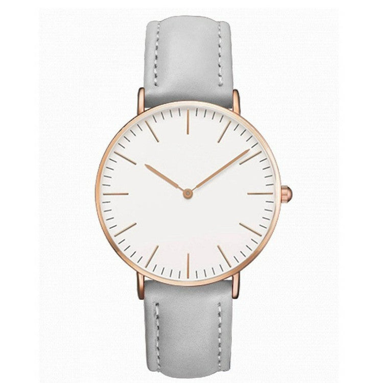 Quartz wristwatch with white dial, gray leather strap, rose-gold case