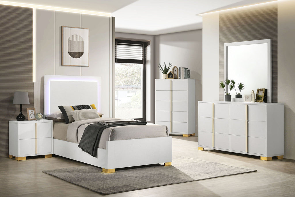 White twin bedroom set with bed, dresser, mirror, and two drawer nightstands