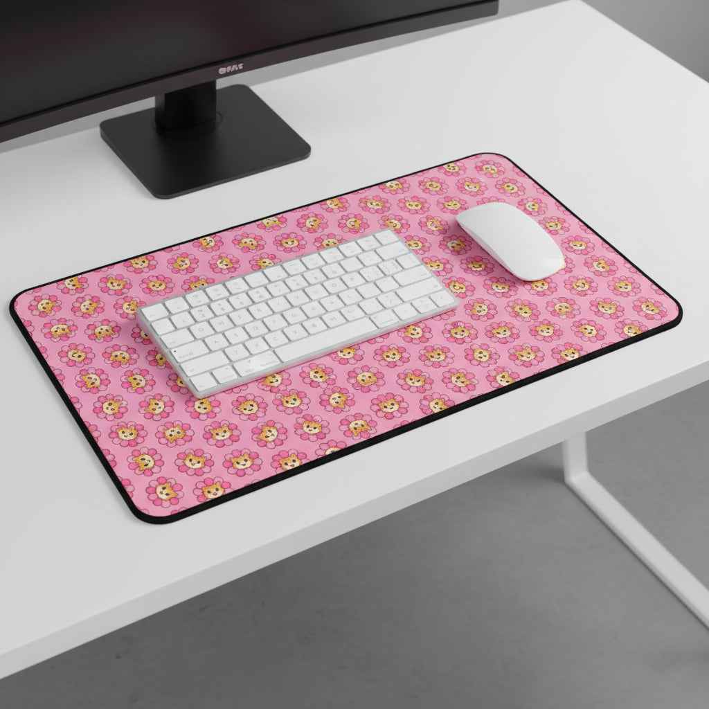 Pink desk mat with cute cat pattern, black border, rounded corners