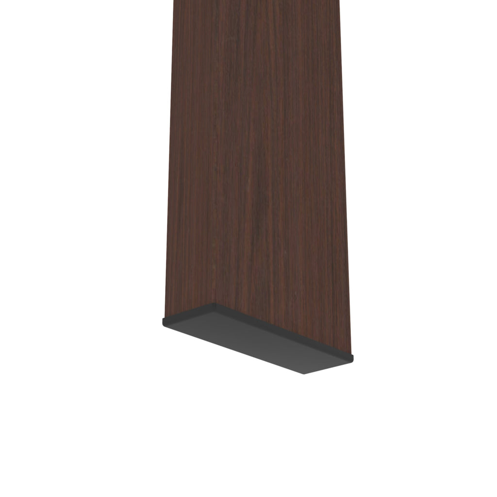 Bottom corner view of walnut leg for a rectangular clear glass coffee table