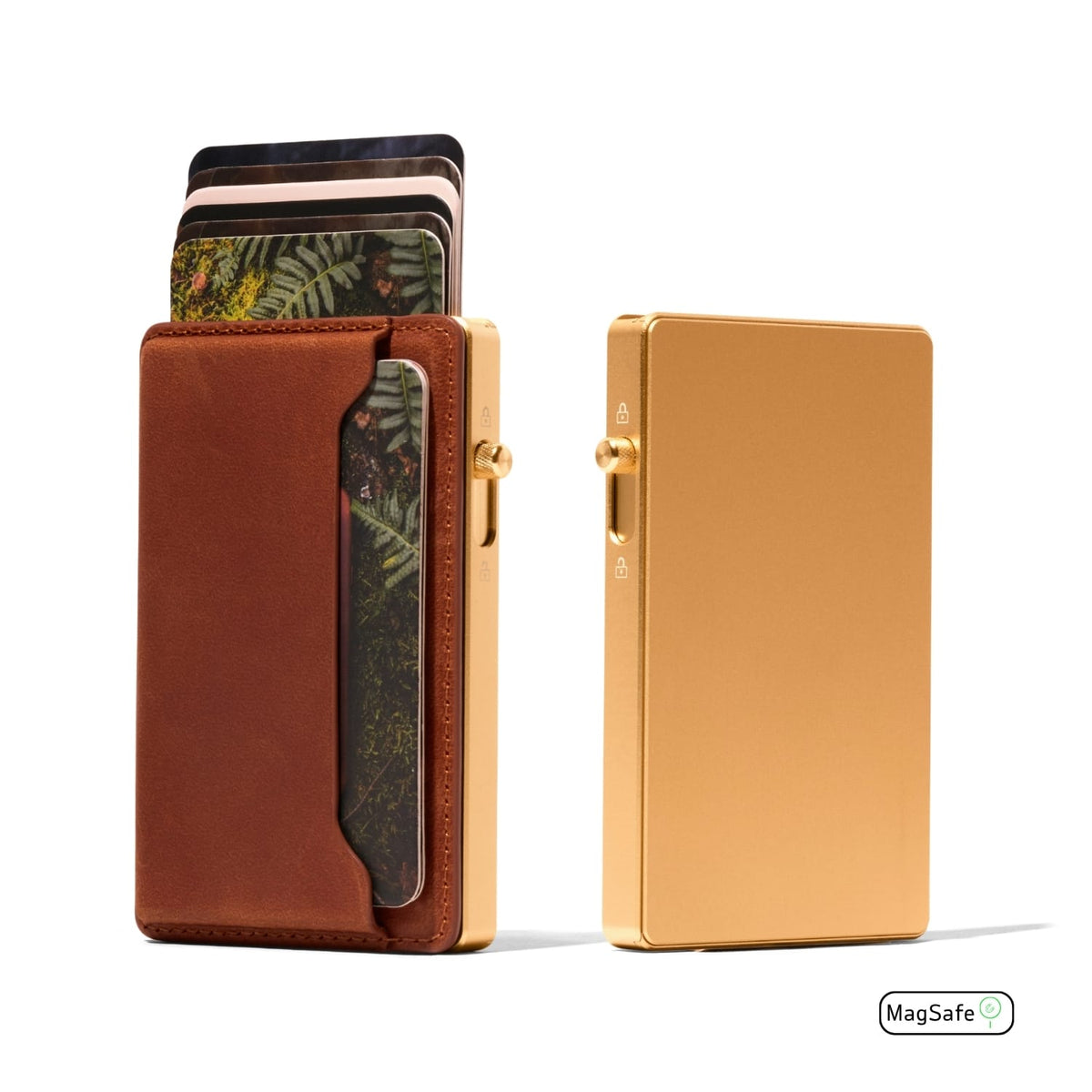 Mod wallet with brown leather front and gold metal back plate, side profile