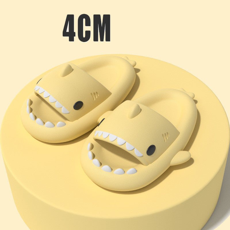 Beige shark slide sandals, open toe with white tooth print and small fin details