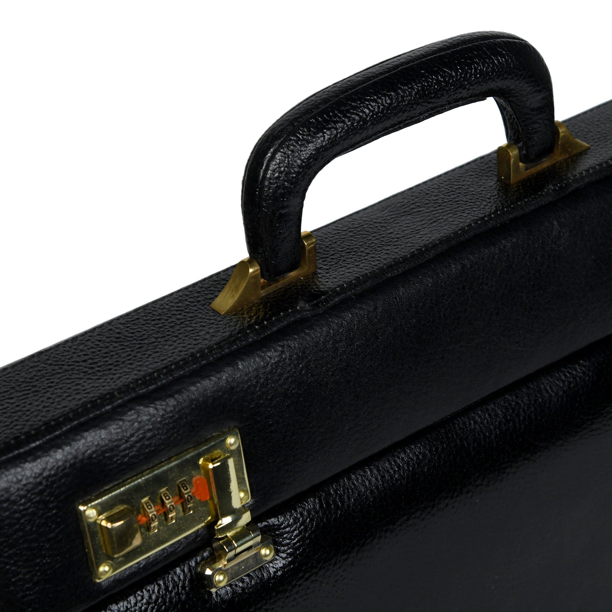 Close-up of black briefcase handle and gold-tone lock plate