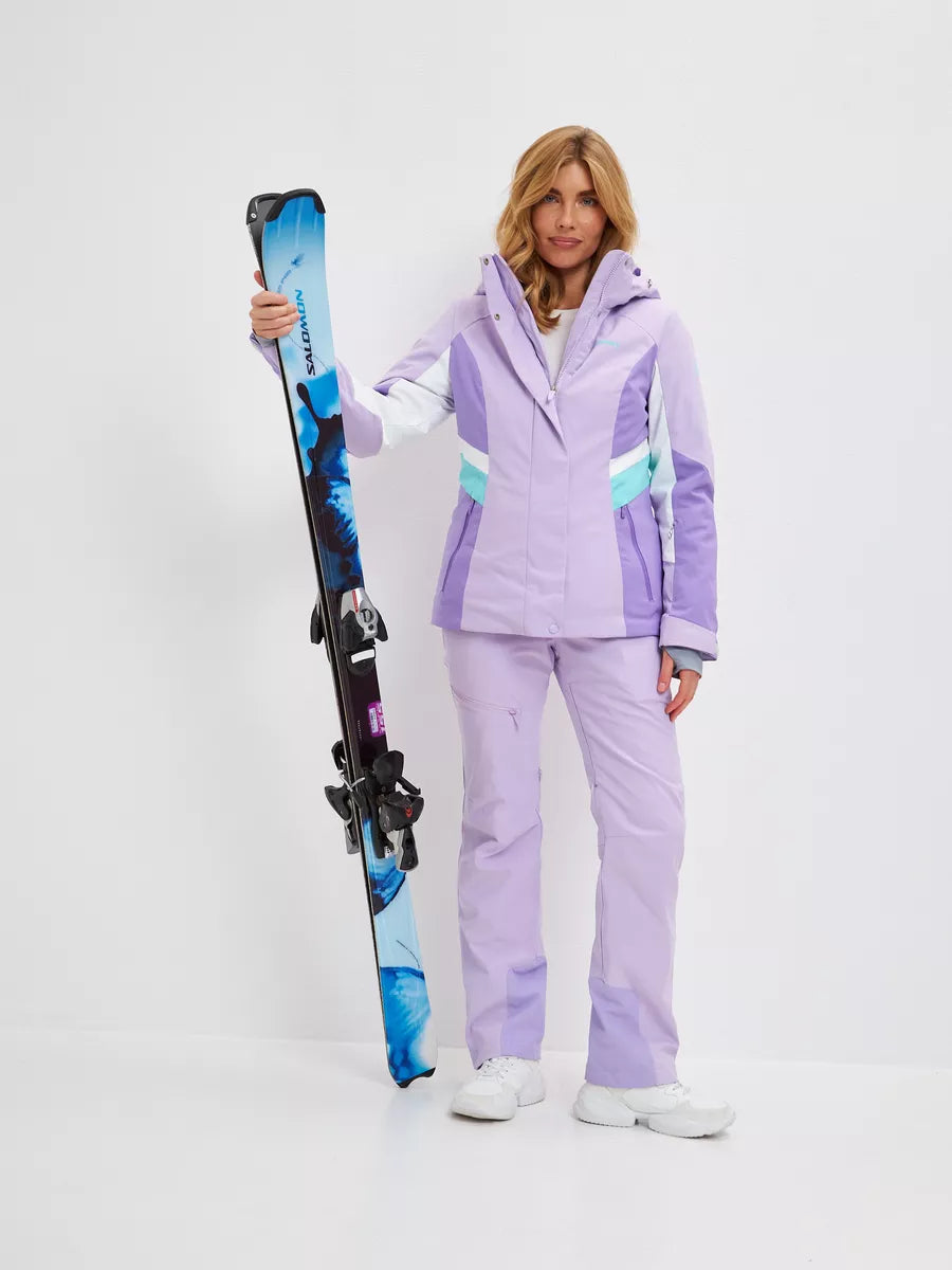 Lilac waterproof insulated ski jacket with hood and matching ski pants, full body view