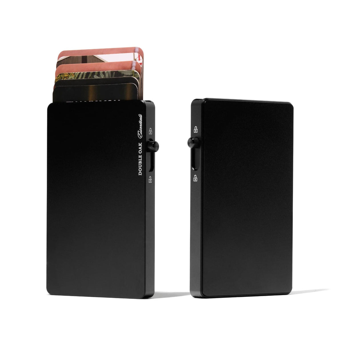 Black phone wallet with card slots, front and back view