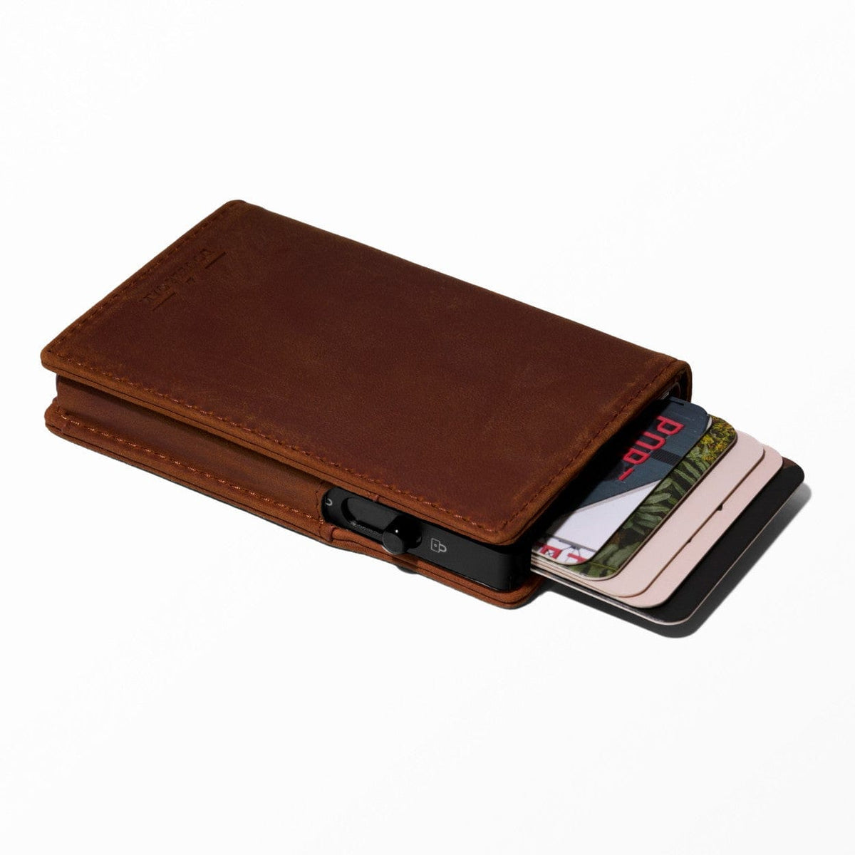 Brown leather bifold wallet with card slots and black tone snap closure