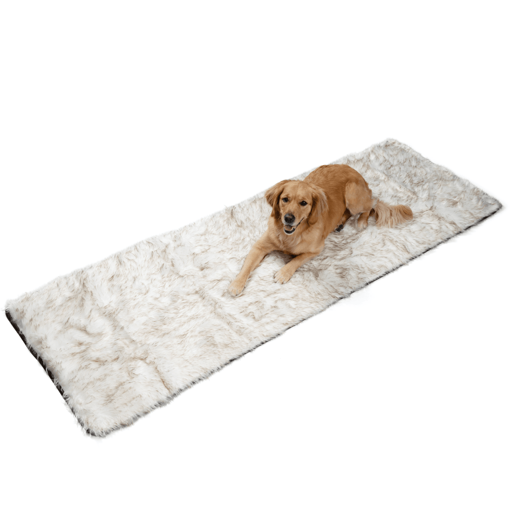 White faux fur waterproof bed runner with brown accents, flat lay view