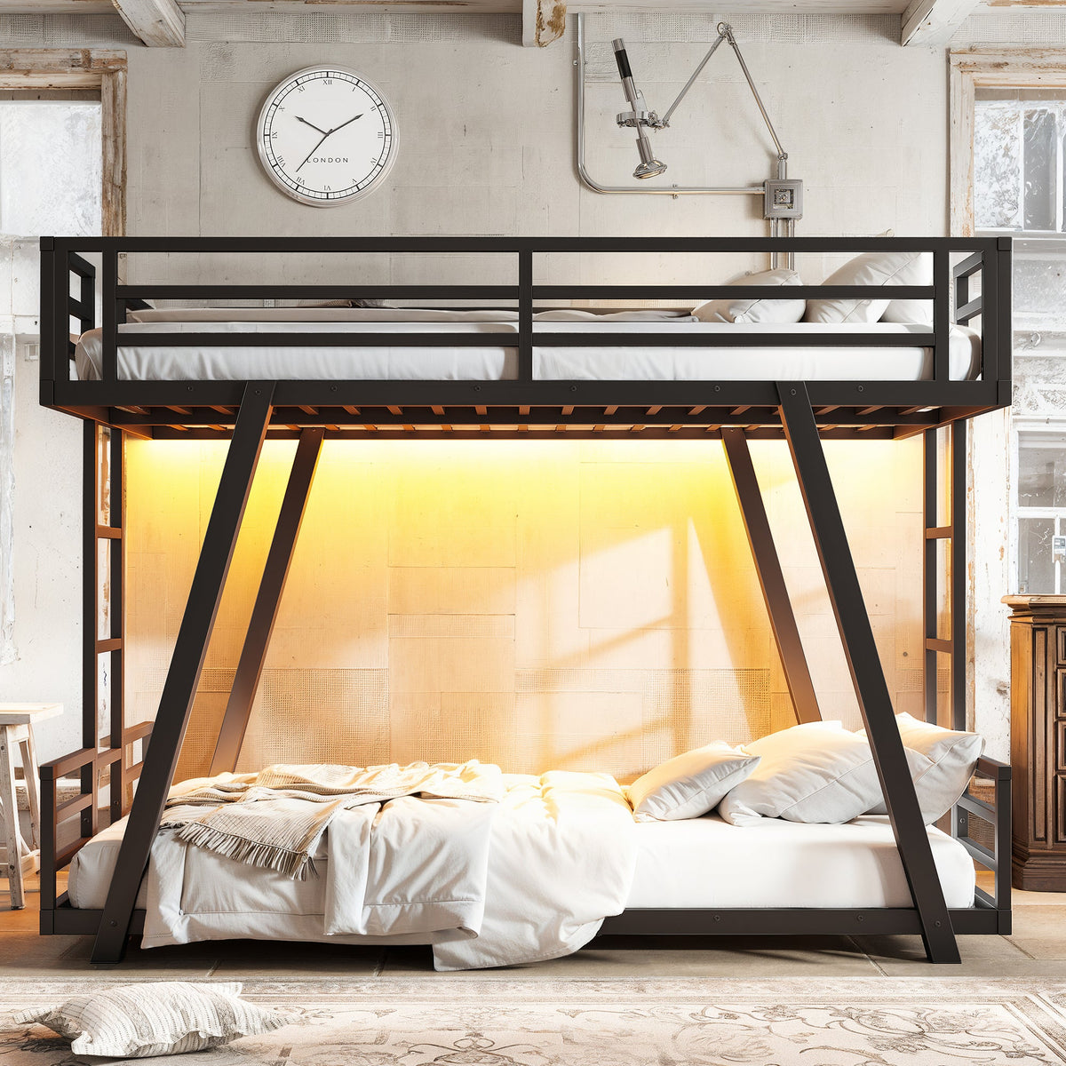 Front view of black metal bunk bed with twin bunks, side ladders and angled support legs