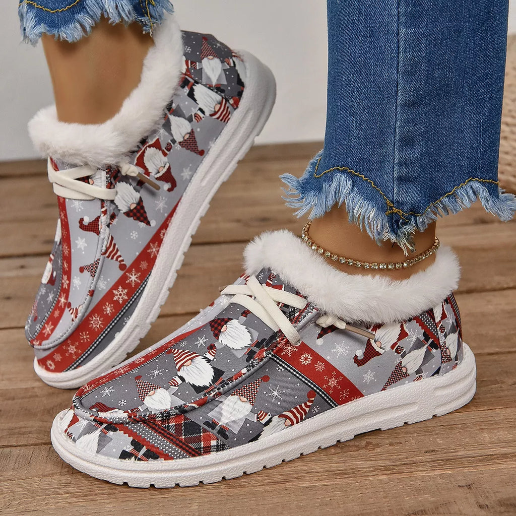 Christmas print sneakers, side view, with faux fur collar and white rubber sole