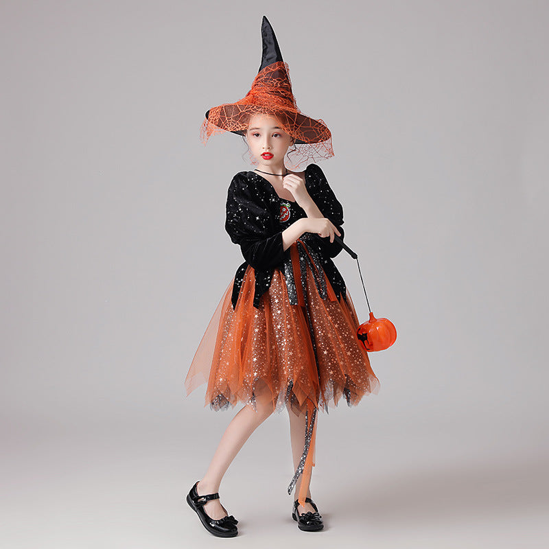 Children's witch ball costume with black sequin dress, orange tulle skirt, witch hat