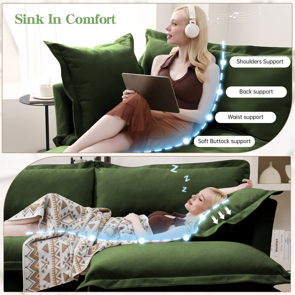 Green slipcovered sectional sofa with chaise cushions; person reclining with pillows
