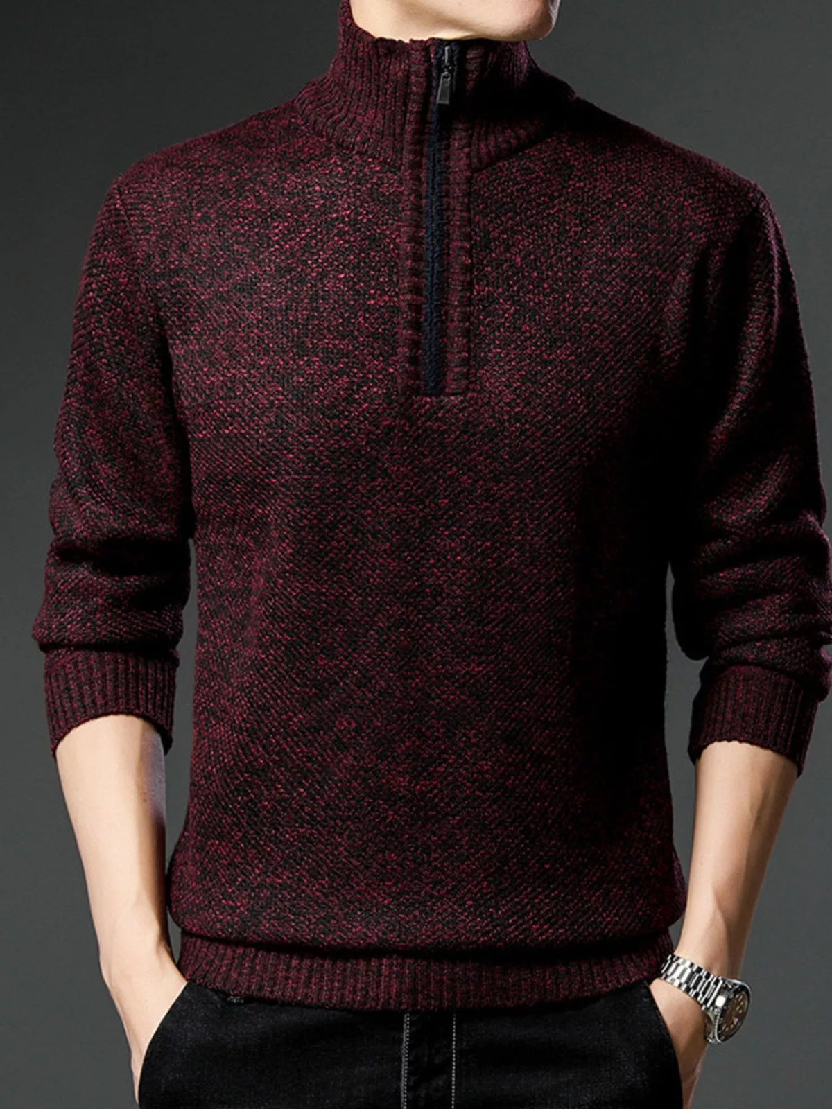 Men's half-zip knitted pullover sweater, burgundy heather, mock neck half-zip