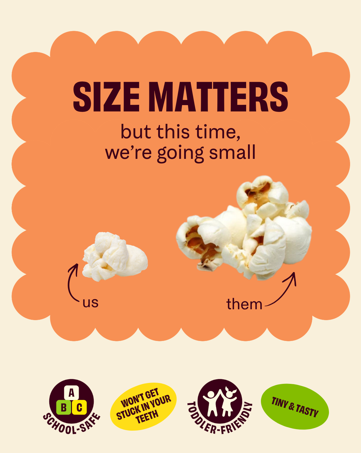 Size matters snack graphic with comparison popcorn pieces labeled “us” and “them”