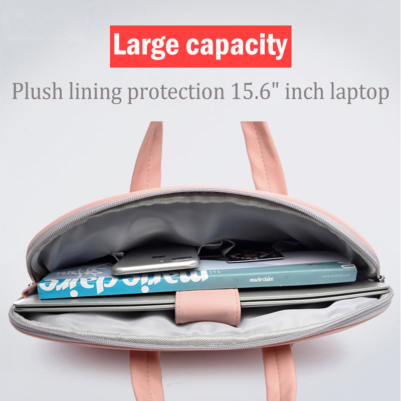 Pink PU leather laptop bag with zipper opening, showing gray-lined interior and devices