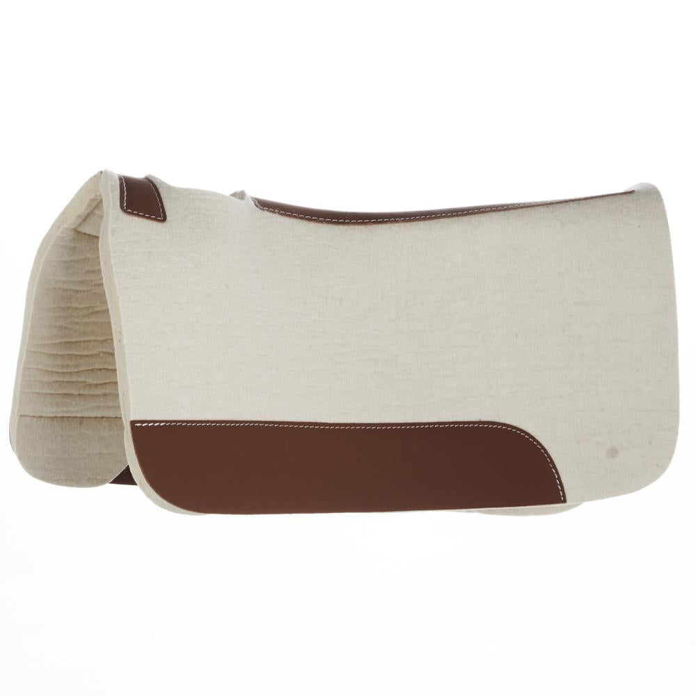 Natural felt saddle pad with brown trim, contoured bottom panel, rounded ends.