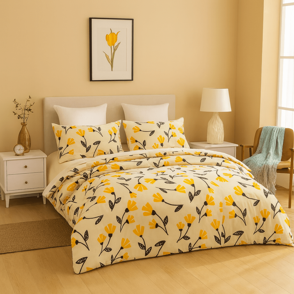 Floral duvet cover set in cream with yellow tulip pattern and black stems