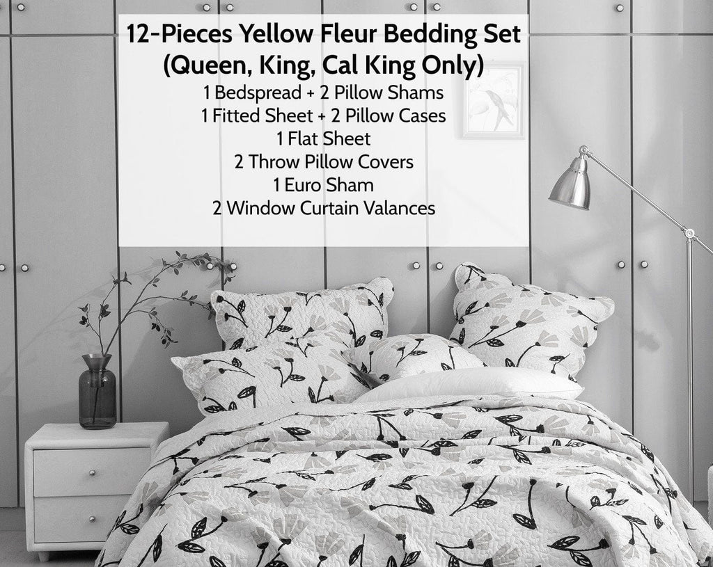 Ivory floral botanical comforter bedding set with yellow flower print and pillow shams on bed