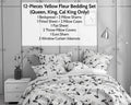 Ivory floral botanical comforter bedding set with yellow flower print and pillow shams on bed