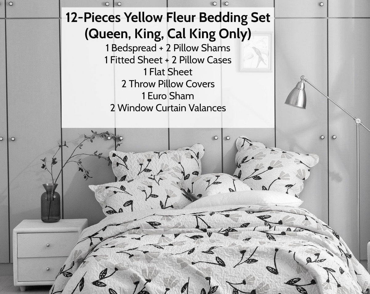 Ivory floral botanical comforter bedding set with yellow flower print and pillow shams on bed