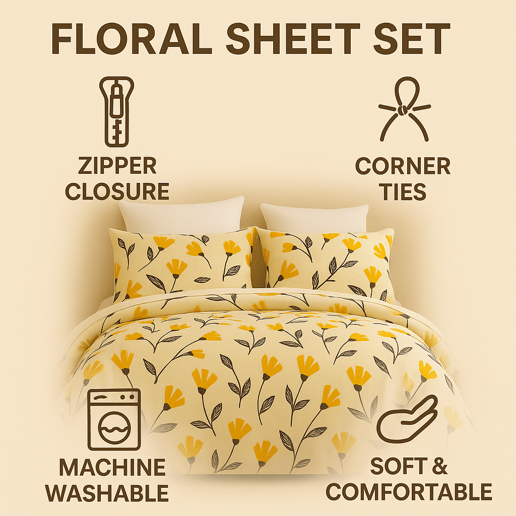 Floral duvet cover set with zipper closure and corner ties; yellow tulip print