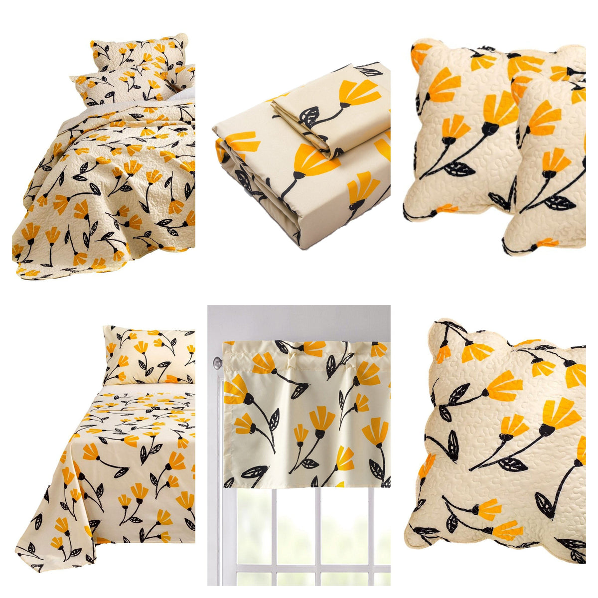 Ivory floral bedding set with yellow tulip print, comforter, pillow shams, and folded sheet set