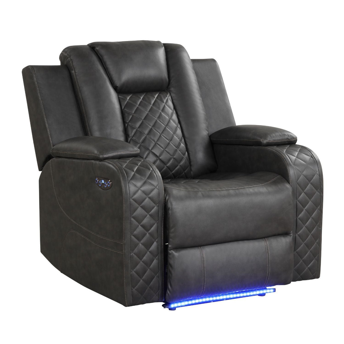 Black LED power recliner chair with quilted arm panels and blue LED light strip