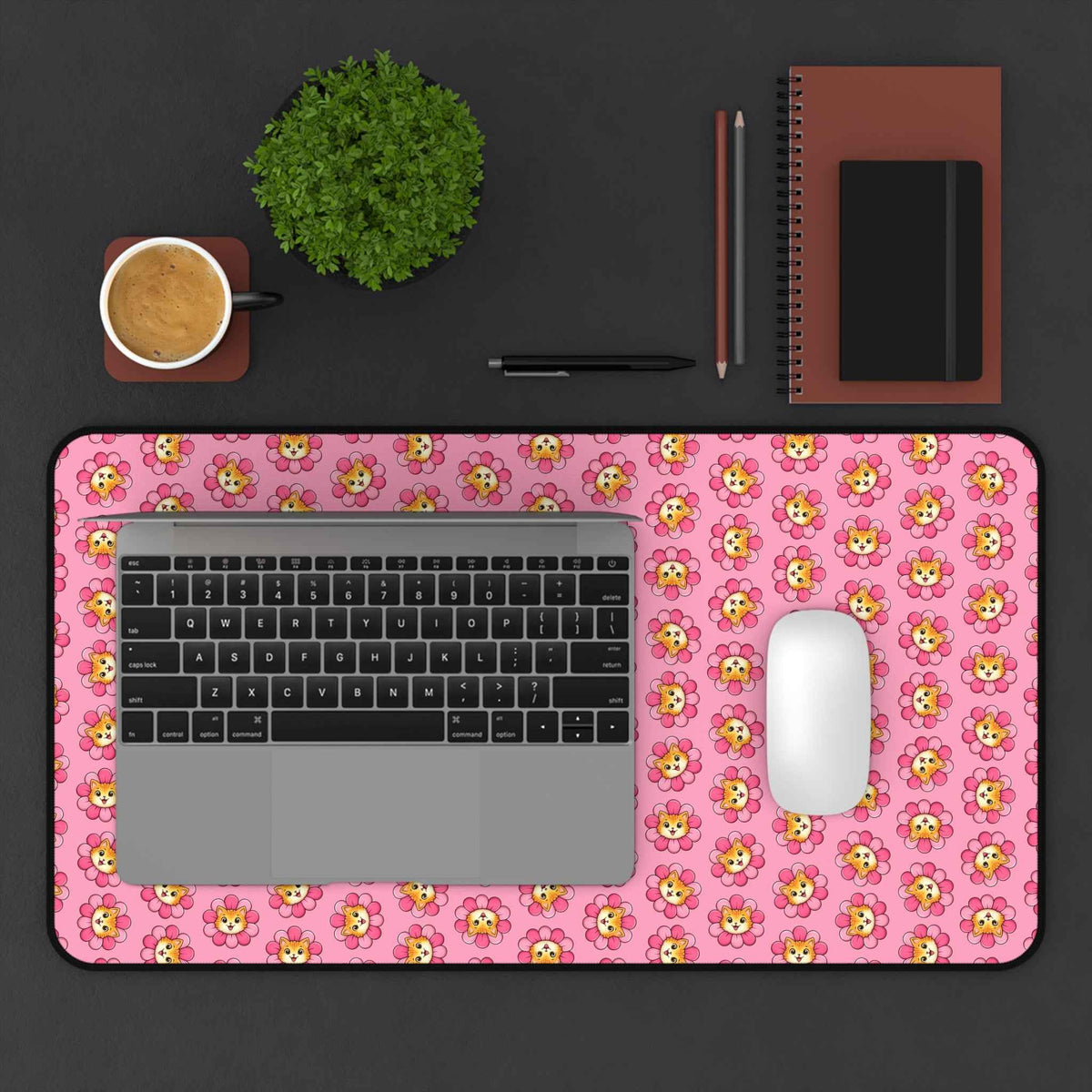 Pink cat-pattern desk mat with black outline and large mouse area cutout