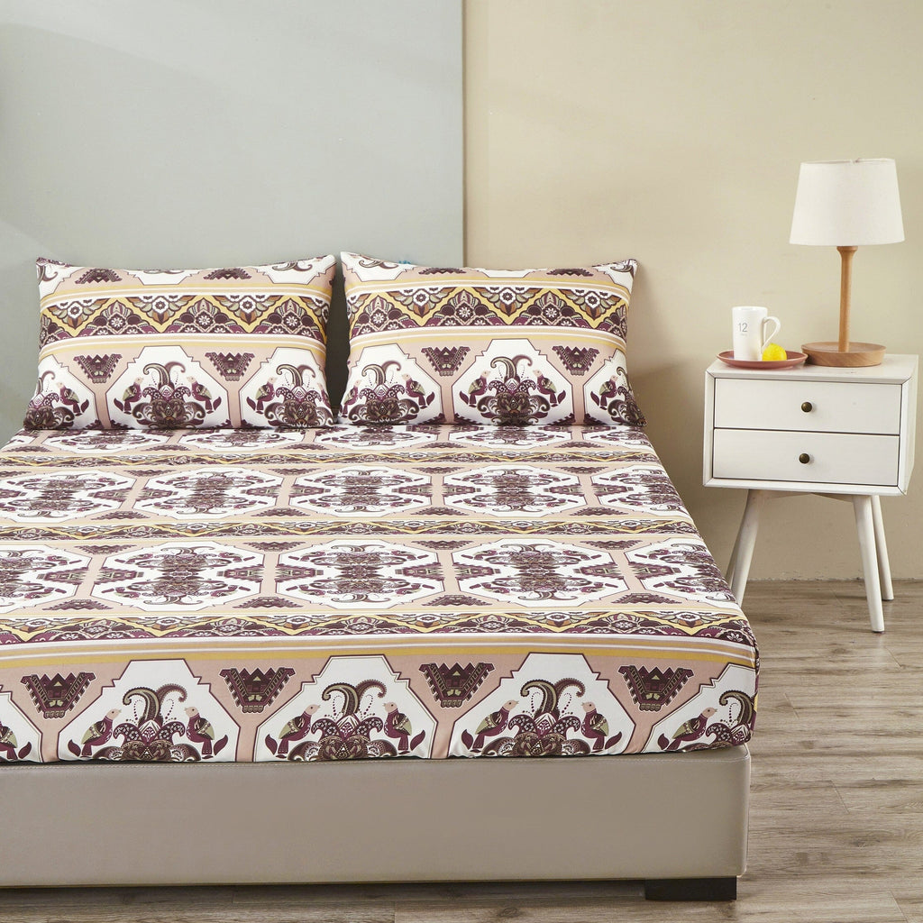 Fitted sheet and pillowcases set with ornate traditional print in cream, burgundy, and gold trim
