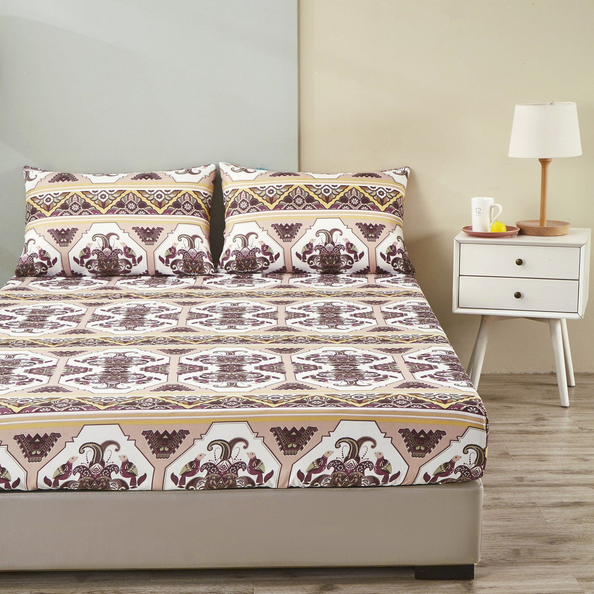 Fitted sheet and pillowcases set with ornate traditional print in cream, burgundy, and gold trim