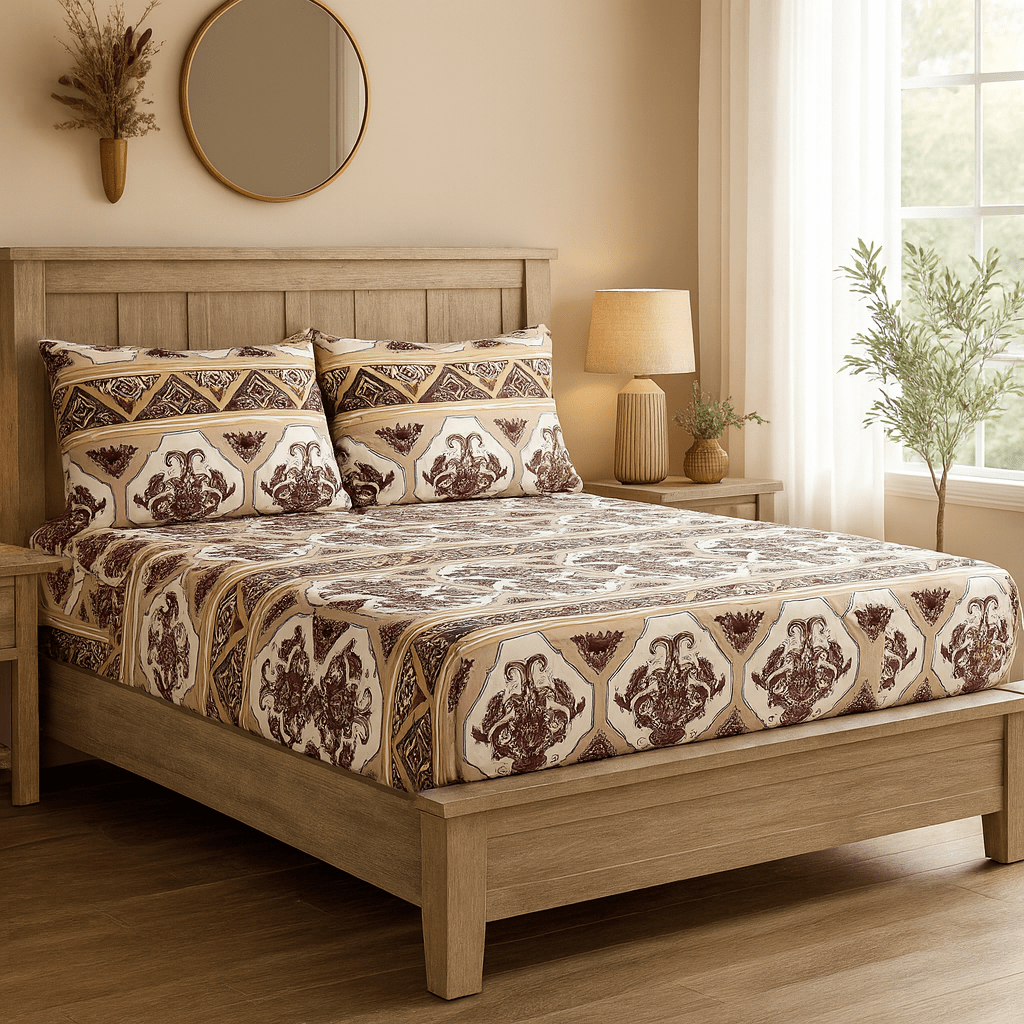 Fitted sheet and pillowcases set with decorative damask medallion print in maroon and cream