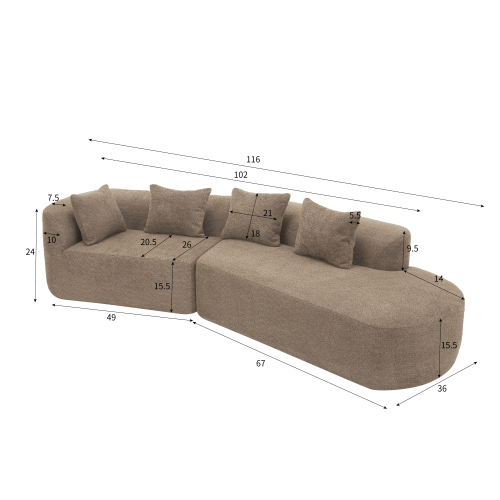 Curved sectional sofa side view with attached seat cushions and five throw pillows