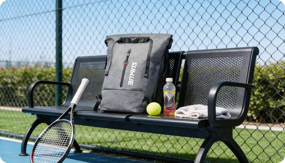 Gray waterproof 30L roll-top backpack on a bench, with grab handle and front pocket