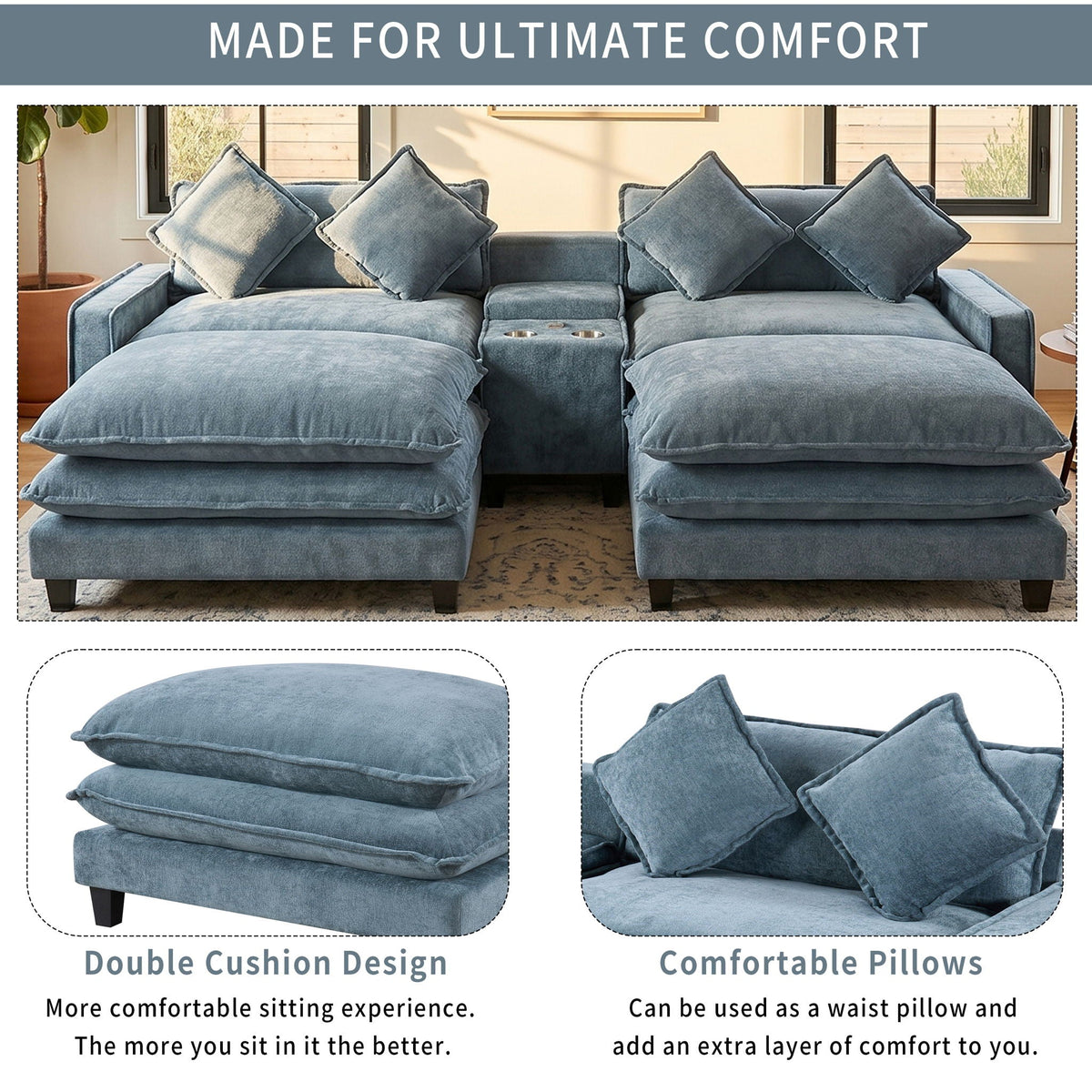 Light blue sectional sofa with removable ottomans and four accent pillows, double cushions