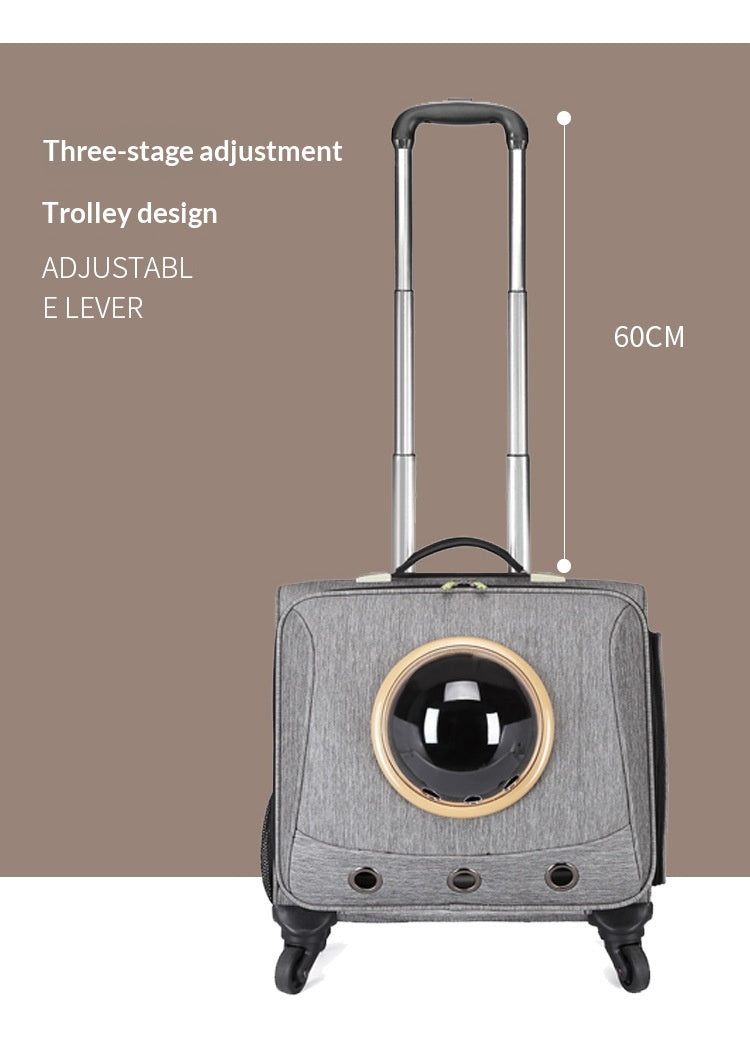 Light gray wheeled pet carrier with telescoping handle and round front window