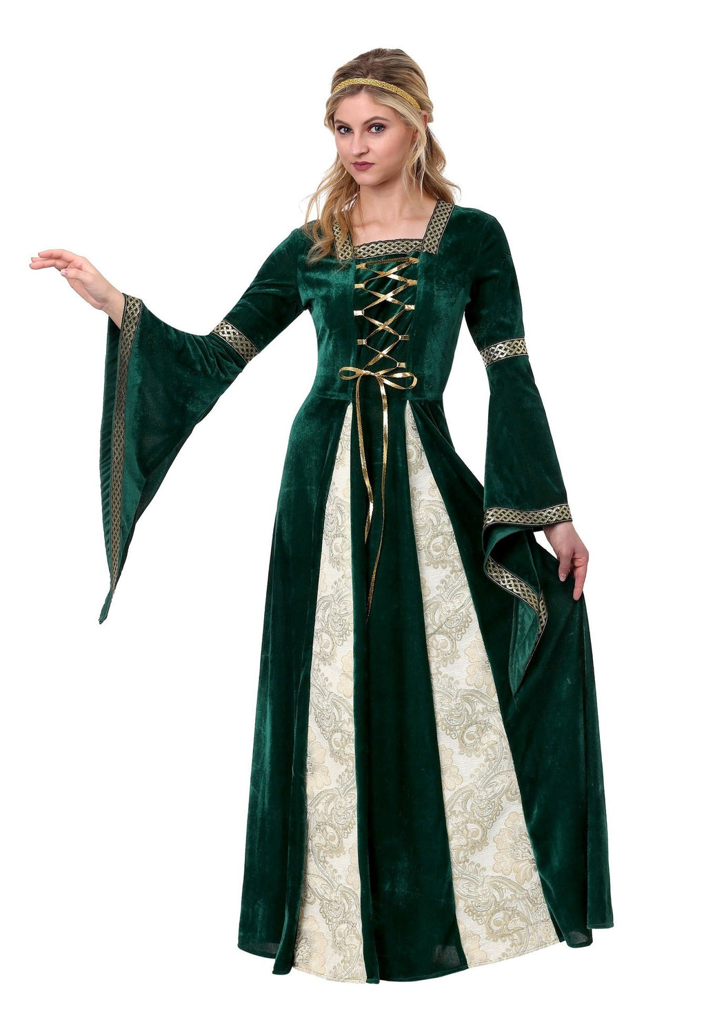 Green royal court costume dress with gold corset lacing and cream brocade skirt panel