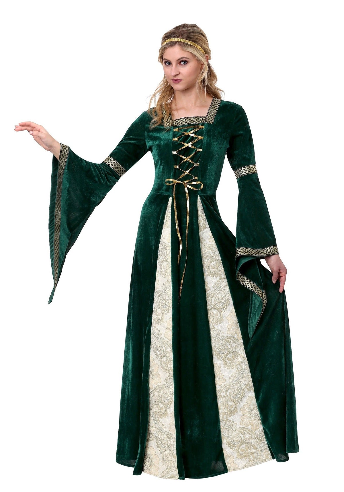 Green royal court costume dress with gold corset lacing and cream brocade skirt panel
