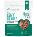 Freeze-dried lamb heart pet treat pouch, white and green bag with heart pieces